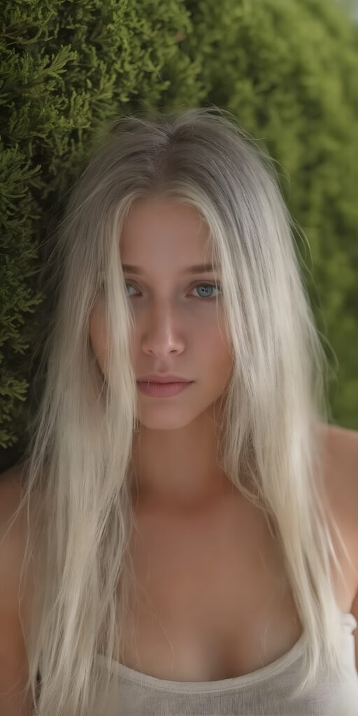 a (((detailed and realistic portrait))), capturing the essence of a (((beautiful young teen girl))) with long, flowing, (((straight soft white hair))), poised in a (side profile) gaze towards the viewer, framed by an ethereal backdrop of a verdant (cypress hedge), against a softly diffused (dim light), wearing a (short cropped tank top) in a (warm, inviting tone). Her facial features exude an otherworldly radiance, with (porcelain skin) and a (perfectly circular face) featuring (gently arched eyebrows) and a (dark, piercing point) above her (serene expression), all set against a (backdrop of a leafy, lush environment) that gives off a (magical, almost surreal vibe)
