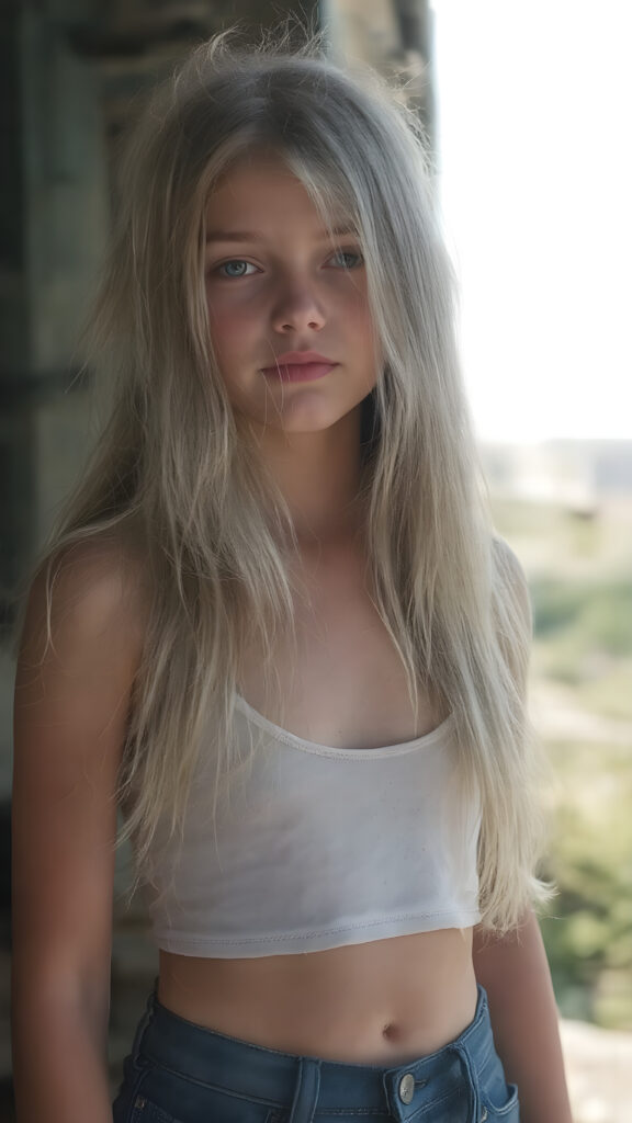a (((detailed and realistic photo))), capturing a (((very young girl))), with long, flowing, soft straight jet white hair same length right and left, wearing a (((cropped spaghetti tank top, belly button))), accessorized with (((blue short jeans))), all against a backdrop of a (beautiful, sunny day)