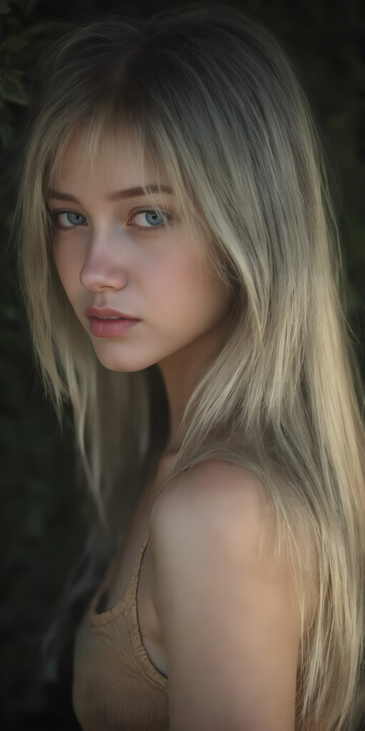 a (((detailed and realistic portrait))), capturing the essence of a (((beautiful young teen girl))) with long, flowing, (((straight soft white hair))), poised in a (side profile) gaze towards the viewer, framed by an ethereal backdrop of a verdant (cypress hedge), against a softly diffused (dim light), wearing a (short cropped tank top) in a (warm, inviting tone). Her facial features exude an otherworldly radiance, with (porcelain skin) and a (perfectly circular face) featuring (gently arched eyebrows) and a (dark, piercing point) above her (serene expression), all set against a (backdrop of a leafy, lush environment) that gives off a (magical, almost surreal vibe)
