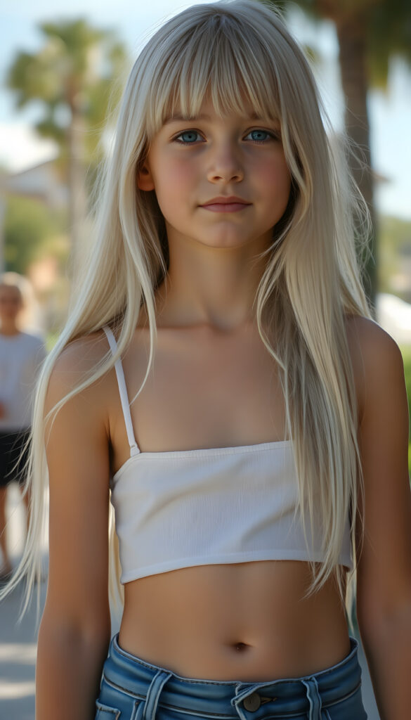 a (((detailed and realistic photo))), capturing a (((very young girl))), with long, flowing, soft straight jet white hair same length right and left, wearing a (((cropped spaghetti tank top, belly button))), accessorized with (((blue short jeans))), all against a backdrop of a (beautiful, sunny day)