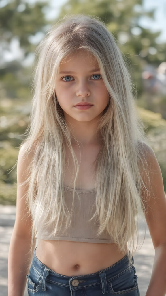 a (((detailed and realistic photo))), capturing a (((very young girl))), with long, flowing, soft straight jet white hair same length right and left, wearing a (((cropped spaghetti tank top, belly button))), accessorized with (((blue short jeans))), all against a backdrop of a (beautiful, sunny day)