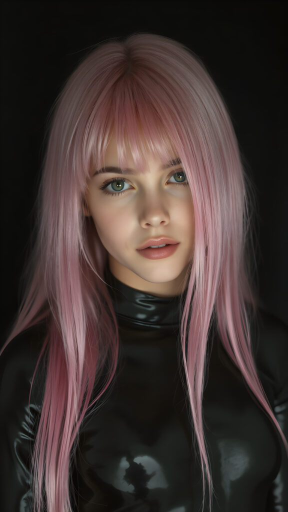 a (((detailed and realistic portrait))) of a (((young girl))) with (((long, straight jet and soft pink hair))), and (((vividly pink-dyed locks))), dressed in a (((shiny, sleek black latex catsuit))) that reflects the light in a (vivid, luxurious, high-quality backdrop), her expression slightly turned towards camera, as if looking at the viewer, all against a dark backdrop, perfect light and shadows
