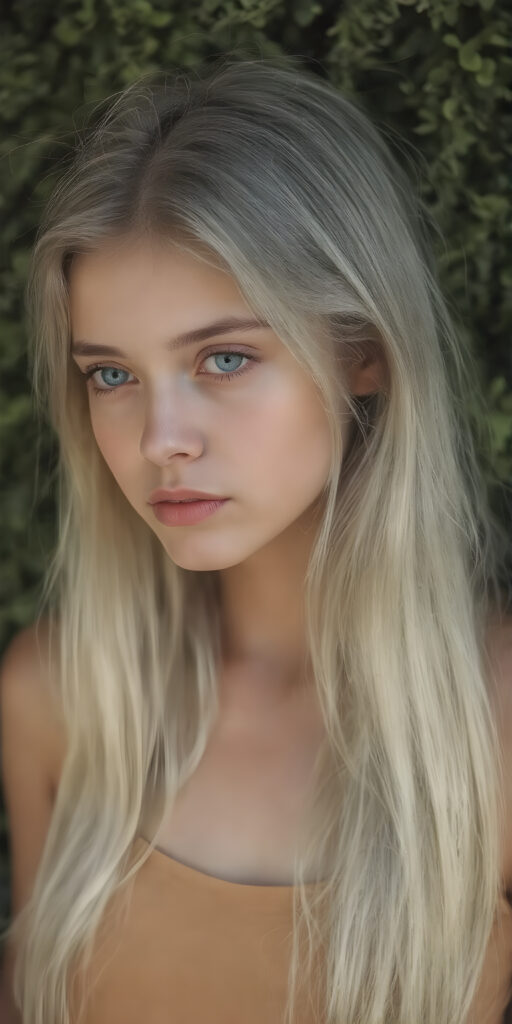 a (((detailed and realistic portrait))), capturing the essence of a (((beautiful young teen girl))) with long, flowing, (((straight soft white hair))), poised in a (side profile) gaze towards the viewer, framed by an ethereal backdrop of a verdant (cypress hedge), against a softly diffused (dim light), wearing a (short cropped tank top) in a (warm, inviting tone). Her facial features exude an otherworldly radiance, with (porcelain skin) and a (perfectly circular face) featuring (gently arched eyebrows) and a (dark, piercing point) above her (serene expression), all set against a (backdrop of a leafy, lush environment) that gives off a (magical, almost surreal vibe)
