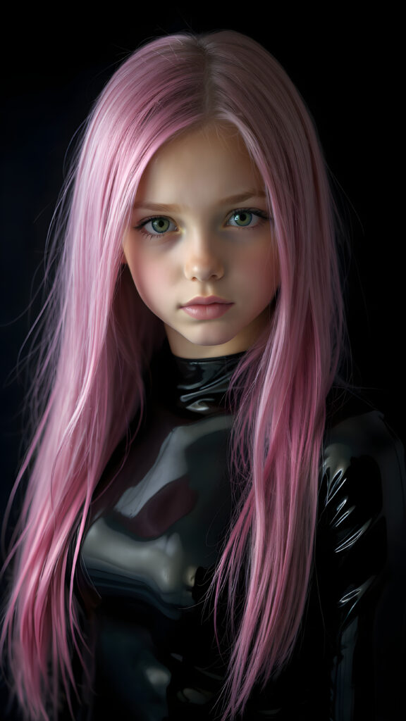 a (((detailed and realistic portrait))) of a (((young girl))) with (((long, straight jet and soft pink hair))), and (((vividly pink-dyed locks))), dressed in a (((shiny, sleek black latex catsuit))) that reflects the light in a (vivid, luxurious, high-quality backdrop), her expression slightly turned towards camera, as if looking at the viewer, all against a dark backdrop, perfect light and shadows