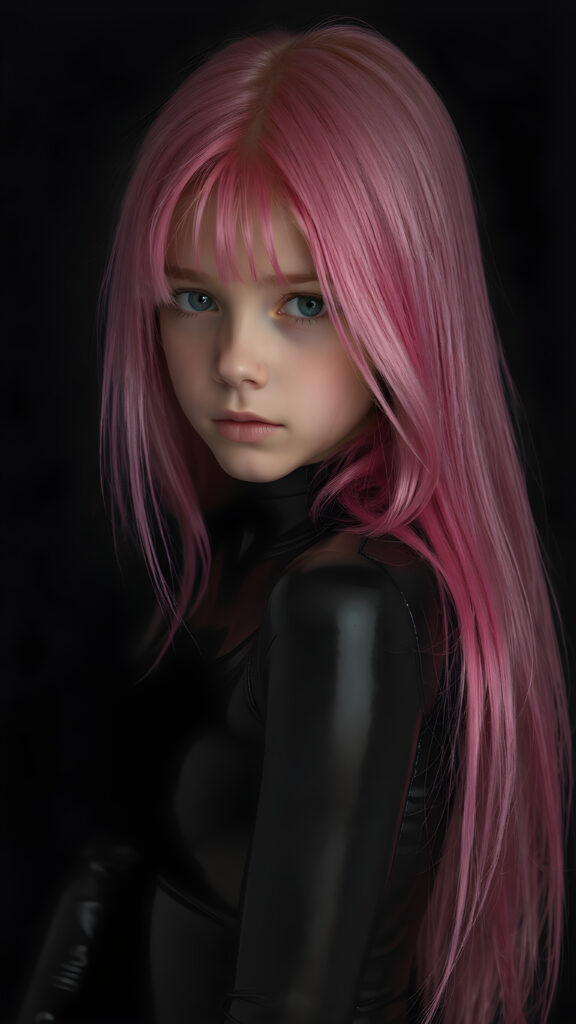 a (((detailed and realistic portrait))) of a (((young girl))) with (((long, straight jet and soft pink hair))), and (((vividly pink-dyed locks))), dressed in a (((shiny, sleek black latex catsuit))) that reflects the light in a (vivid, luxurious, high-quality backdrop), her expression slightly turned towards camera, as if looking at the viewer, all against a dark backdrop, perfect light and shadows
