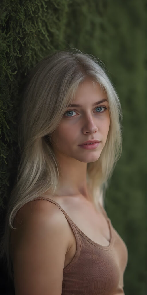 a (((detailed and realistic portrait))), capturing the essence of a (((beautiful young teen girl))) with long, flowing, (((straight soft white hair))), poised in a (side profile) gaze towards the viewer, framed by an ethereal backdrop of a verdant (cypress hedge), against a softly diffused (dim light), wearing a (short cropped tank top) in a (warm, inviting tone). Her facial features exude an otherworldly radiance, with (porcelain skin) and a (perfectly circular face) featuring (gently arched eyebrows) and a (dark, piercing point) above her (serene expression), all set against a (backdrop of a leafy, lush environment) that gives off a (magical, almost surreal vibe)
