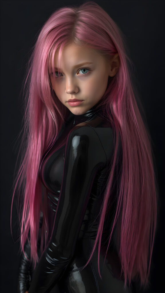 a (((detailed and realistic portrait))) of a (((young girl))) with (((long, straight jet and soft pink hair))), and (((vividly pink-dyed locks))), dressed in a (((shiny, sleek black latex catsuit))) that reflects the light in a (vivid, luxurious, high-quality backdrop), her expression slightly turned towards camera, as if looking at the viewer, all against a dark backdrop, perfect light and shadows