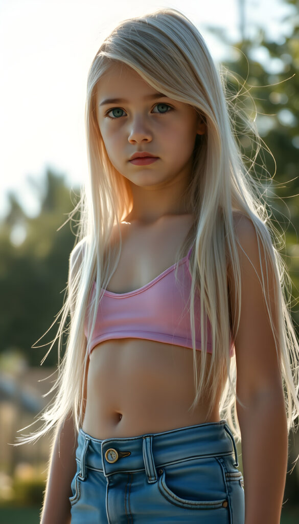a (((detailed and realistic photo))), capturing a (((very young girl))), with long, flowing, soft straight jet white hair same length right and left, wearing a (((cropped spaghetti tank top, belly button))), accessorized with (((blue short jeans))), all against a backdrop of a (beautiful, sunny day)