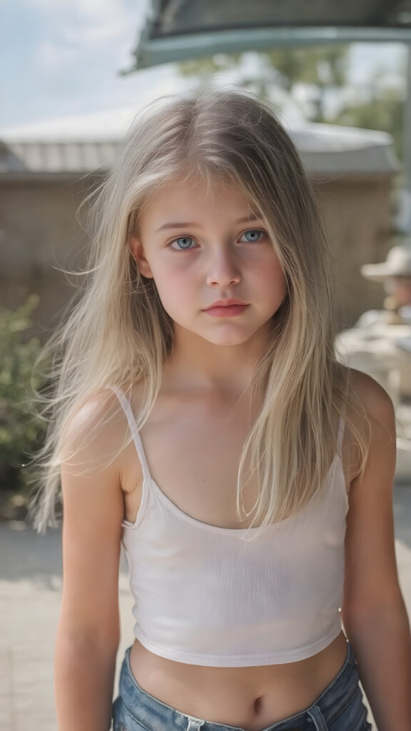 a (((detailed and realistic photo))), capturing a (((very young girl))), with long, flowing, soft straight jet white hair same length right and left, wearing a (((cropped spaghetti tank top, belly button))), accessorized with (((blue short jeans))), all against a backdrop of a (beautiful, sunny day)