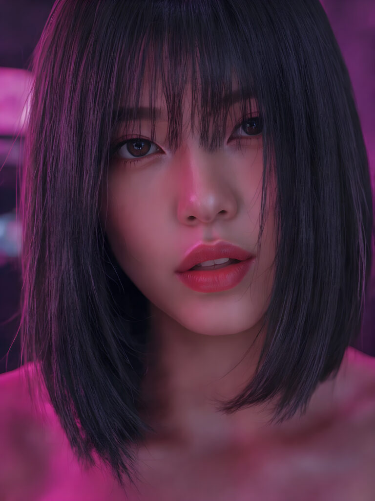 a (((detailed and cute Korean lady with straight, long black hair))) by a (fashionably asymmetrical bob hairstyle), red full kissable lips, looks seductive, white teeth