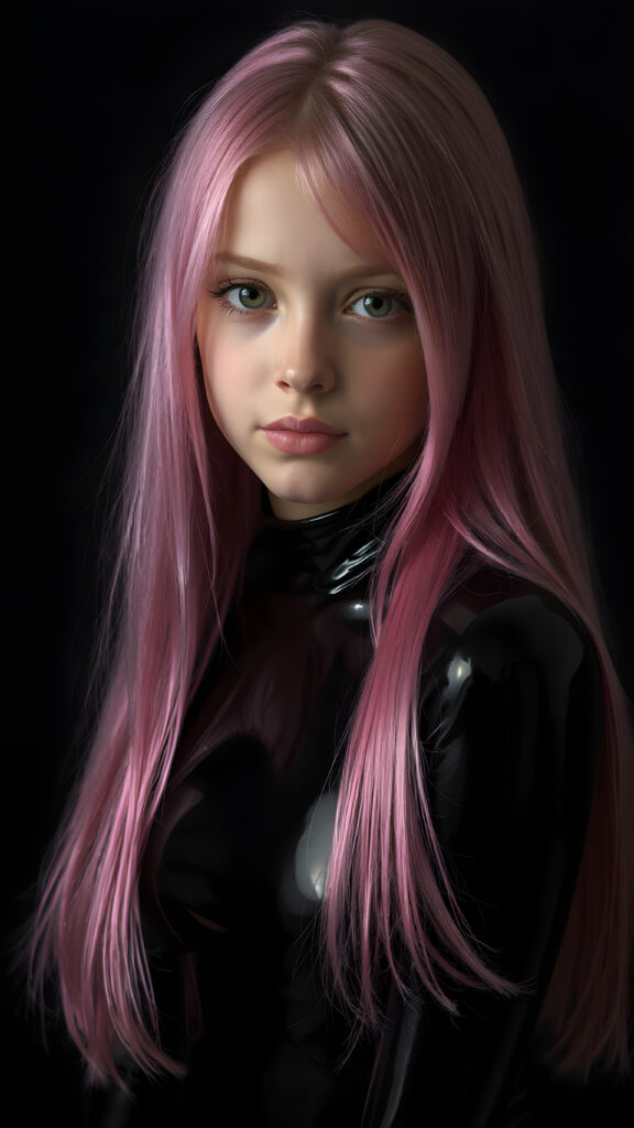a (((detailed and realistic portrait))) of a (((young girl))) with (((long, straight jet and soft pink hair))), and (((vividly pink-dyed locks))), dressed in a (((shiny, sleek black latex catsuit))) that reflects the light in a (vivid, luxurious, high-quality backdrop), her expression slightly turned towards camera, as if looking at the viewer, all against a dark backdrop, perfect light and shadows