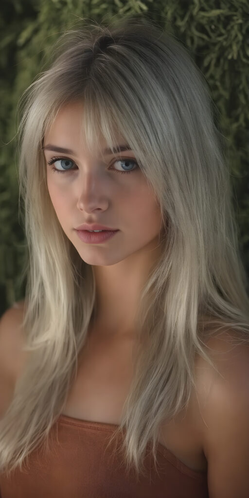 a (((detailed and realistic portrait))), capturing the essence of a (((beautiful young teen girl))) with long, flowing, (((straight soft white hair))), poised in a (side profile) gaze towards the viewer, framed by an ethereal backdrop of a verdant (cypress hedge), against a softly diffused (dim light), wearing a (short cropped tank top) in a (warm, inviting tone). Her facial features exude an otherworldly radiance, with (porcelain skin) and a (perfectly circular face) featuring (gently arched eyebrows) and a (dark, piercing point) above her (serene expression), all set against a (backdrop of a leafy, lush environment) that gives off a (magical, almost surreal vibe)