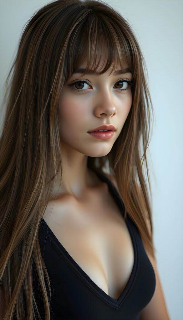 a ((detailed and realistic portrait)) of (((cute and gorgeous))) ((long, straight brown jet hair with blond highlights)) ((stunning)) a beautifully ((teen girl)), bangs cut, angelic round face, ((brown eye)) looks at the camera, perfect curved body, (wears a super short tight (black tank top, deep v-neck) made of plain latex), white background, side view, cinematic dimmed light