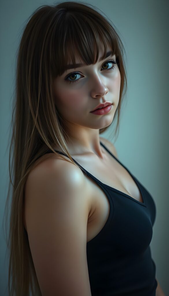 a ((detailed and realistic portrait)) of (((cute and gorgeous))) ((long, straight brown jet hair with blond highlights)) ((stunning)) a beautifully ((teen girl)), bangs cut, angelic round face, ((brown eye)) looks at the camera, perfect curved body, (wears a super short tight (black tank top, deep v-neck) made of plain latex), white background, side view, cinematic dimmed light
