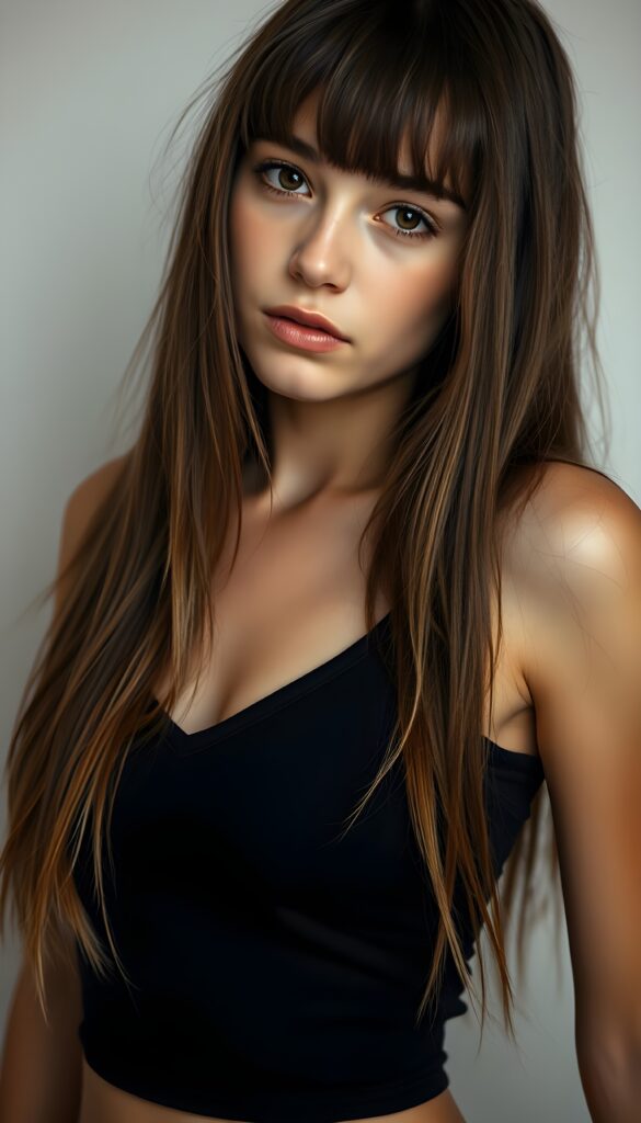 a ((detailed and realistic portrait)) of (((cute and gorgeous))) ((long, straight brown jet hair with blond highlights)) ((stunning)) a beautifully ((teen girl)), bangs cut, angelic round face, ((brown eye)) looks at the camera, perfect curved body, (wears a super short tight (black tank top, deep v-neck) made of plain latex), white background, side view, cinematic dimmed light