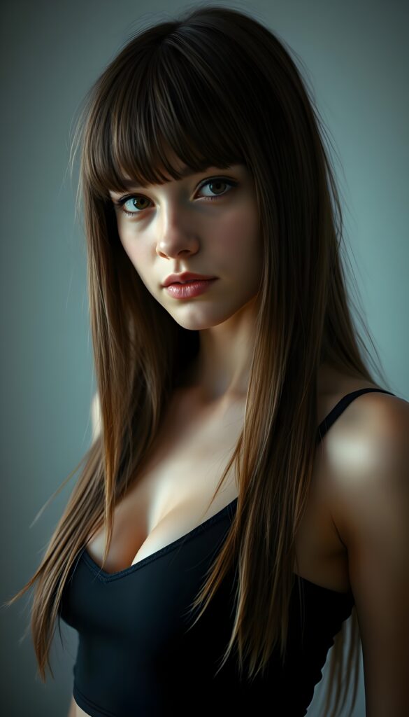 a ((detailed and realistic portrait)) of (((cute and gorgeous))) ((long, straight brown jet hair with blond highlights)) ((stunning)) a beautifully ((teen girl)), bangs cut, angelic round face, ((brown eye)) looks at the camera, perfect curved body, (wears a super short tight (black tank top, deep v-neck) made of plain latex), white background, side view, cinematic dimmed light