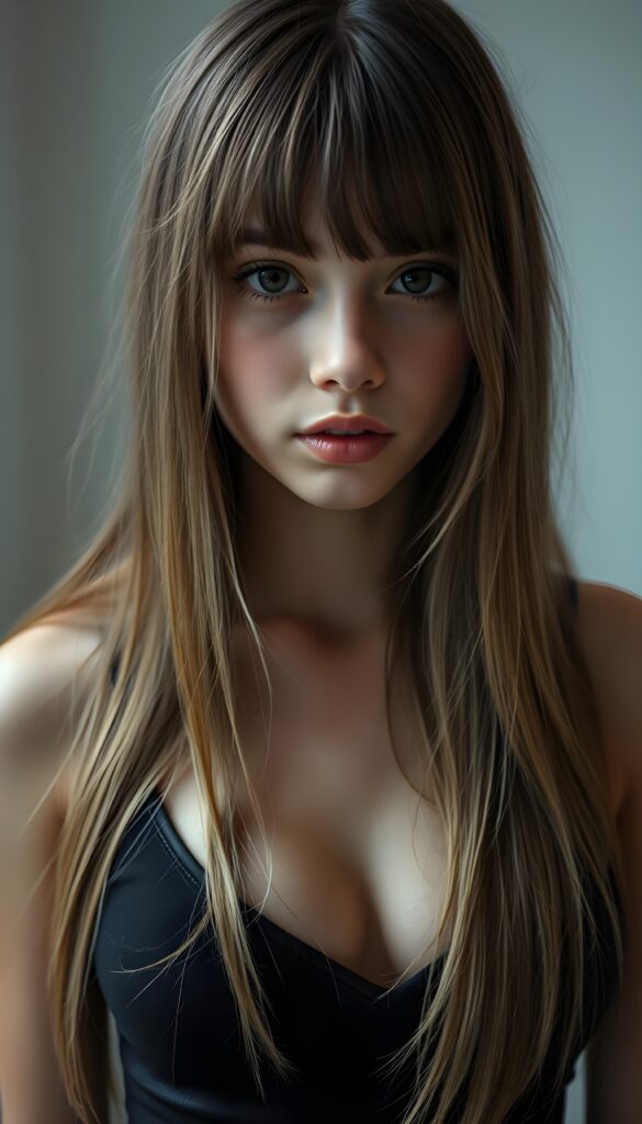 a ((detailed and realistic portrait)) of (((cute and gorgeous))) ((long, straight brown jet hair with blond highlights)) ((stunning)) a beautifully ((teen girl)), bangs cut, angelic round face, ((brown eye)) looks at the camera, perfect curved body, (wears a super short tight (black tank top, deep v-neck) made of plain latex), white background, side view, cinematic dimmed light
