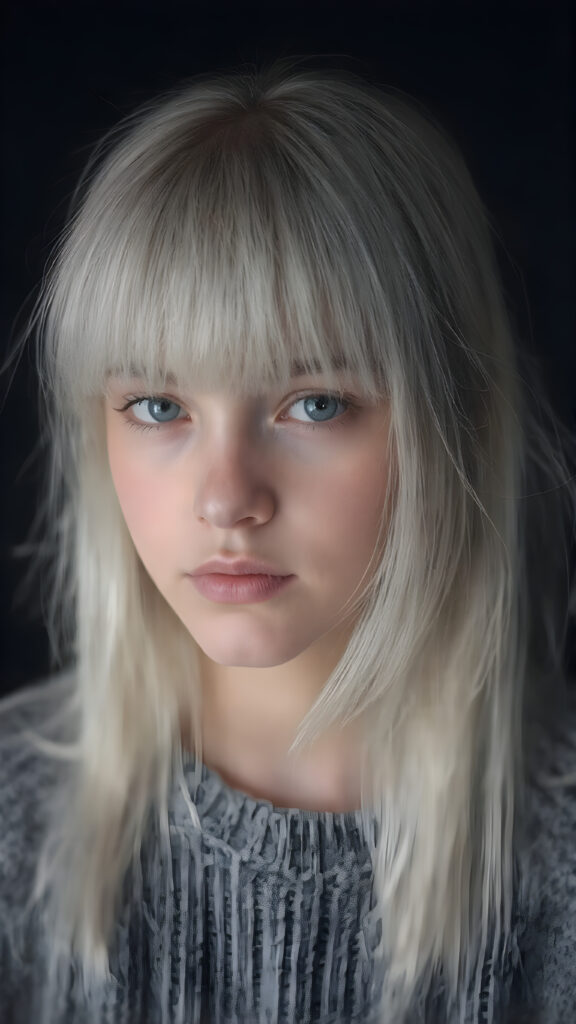a detailed an realistic photo from a young teen girl, jet white thick straight hair and bangs, grey wool sweater, ((stunning)), ((gorgeous)), ((black background))