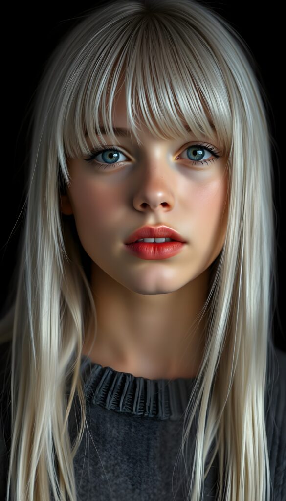 a detailed an realistic photo from a young teen girl, jet white thick straight hair and bangs, grey wool sweater, ((stunning)), ((gorgeous)), ((black background)), perfect light and shadows, red full lips and withe teeth, light blue eyes. Seductive.
