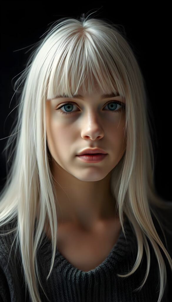 a detailed an realistic photo from a young teen girl, jet white thick straight hair and bangs, grey wool sweater, ((stunning)), ((gorgeous)), ((black background)), perfect light and shadows