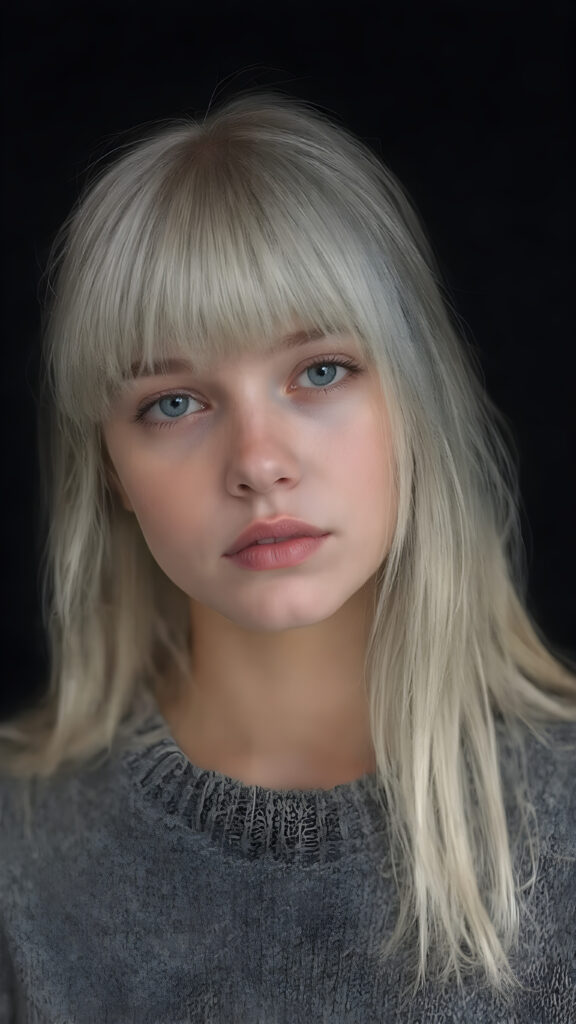a detailed an realistic photo from a young teen girl, jet white thick straight hair and bangs, grey wool sweater, ((stunning)), ((gorgeous)), ((black background))