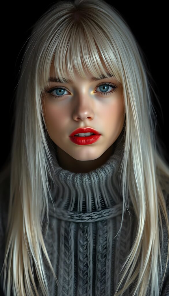 a detailed an realistic photo from a young teen girl, jet white thick straight hair and bangs, grey wool sweater, ((stunning)), ((gorgeous)), ((black background)), perfect light and shadows, red full lips and withe teeth, light blue eyes. Seductive.