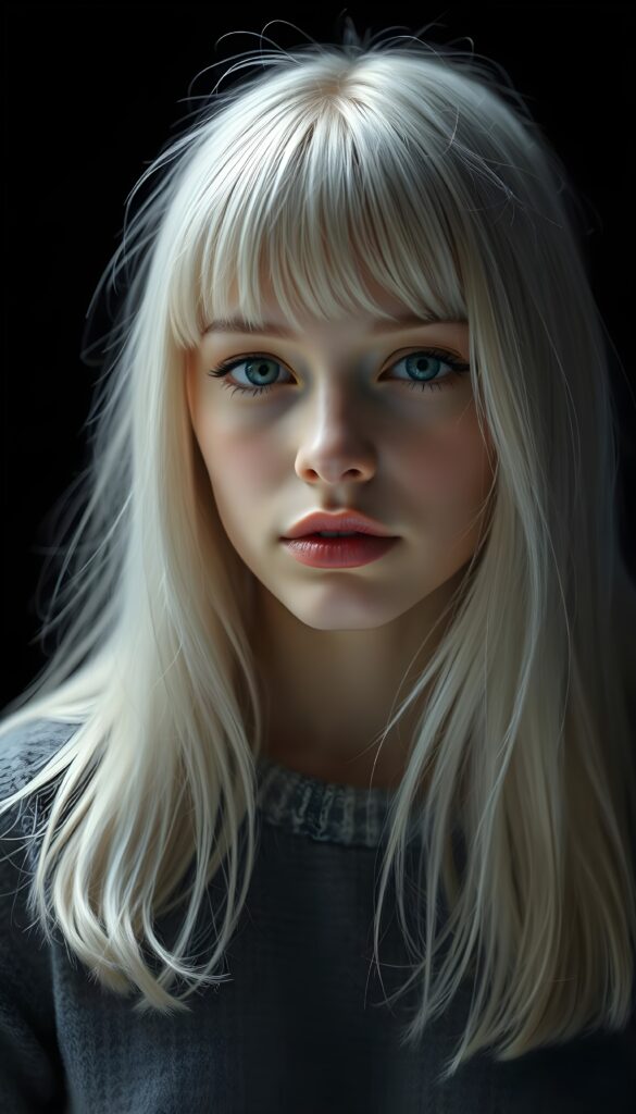 a detailed an realistic photo from a young teen girl, jet white thick straight hair and bangs, fine grey wool sweater, ((stunning)), ((gorgeous)), ((black background)), perfect light and shadows, red full kissable lips, round face.