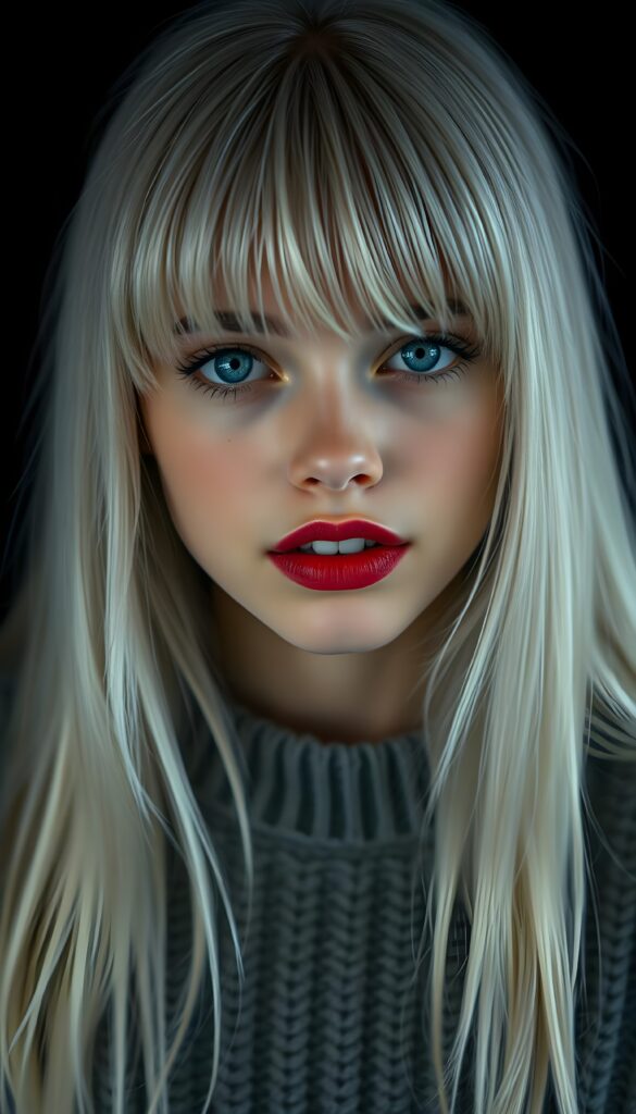 a detailed an realistic photo from a young teen girl, jet white thick straight hair and bangs, grey wool sweater, ((stunning)), ((gorgeous)), ((black background)), perfect light and shadows, red full lips and withe teeth, light blue eyes. Seductive.