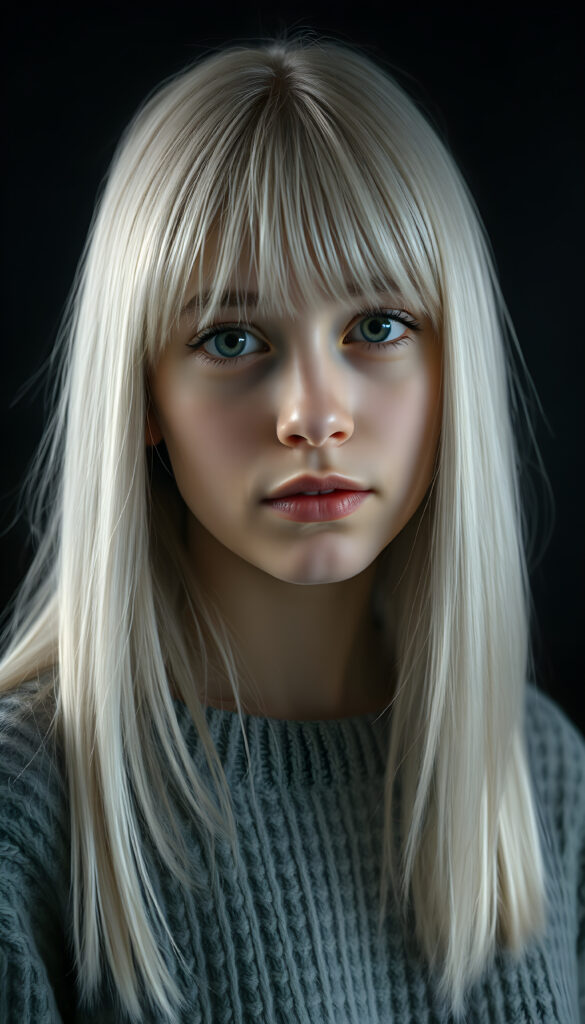 a detailed an realistic photo from a young teen girl, jet white thick straight hair and bangs, grey wool sweater, ((stunning)), ((gorgeous)), ((black background)), perfect light and shadows