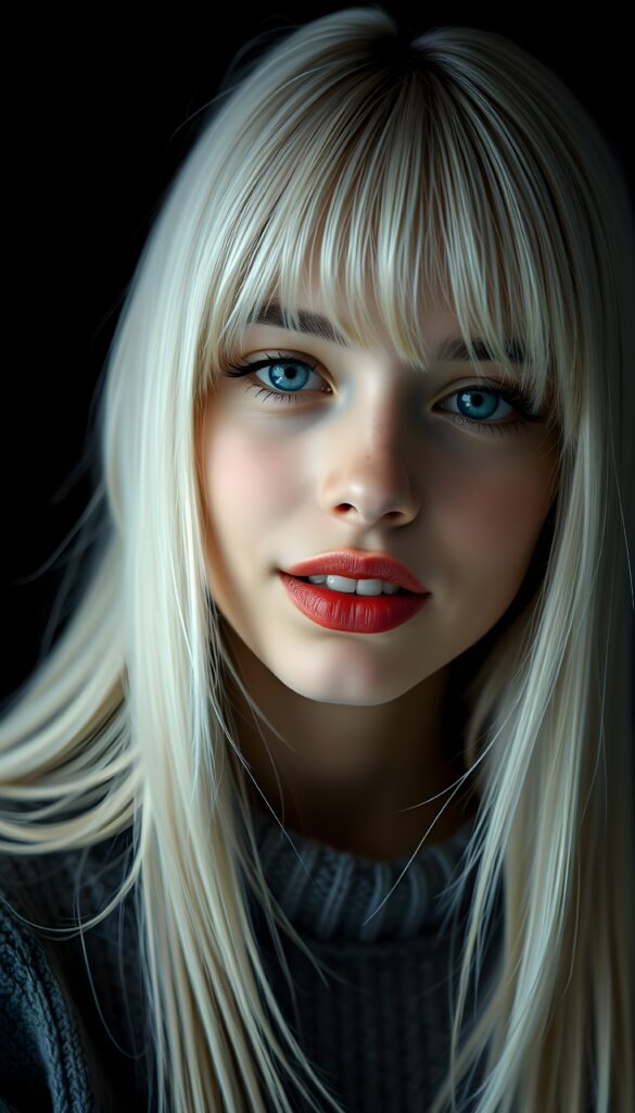 a detailed an realistic photo from a young teen girl, jet white thick straight hair and bangs, grey wool sweater, ((stunning)), ((gorgeous)), ((black background)), perfect light and shadows, red full lips and withe teeth, light blue eyes. Seductive.