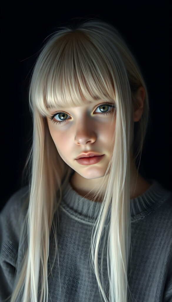 a detailed an realistic photo from a young teen girl, jet white thick straight hair and bangs, grey wool sweater, ((stunning)), ((gorgeous)), ((black background)), perfect light and shadows