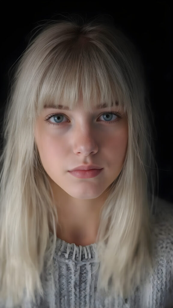 a detailed an realistic photo from a young teen girl, jet white thick straight hair and bangs, grey wool sweater, ((stunning)), ((gorgeous)), ((black background))