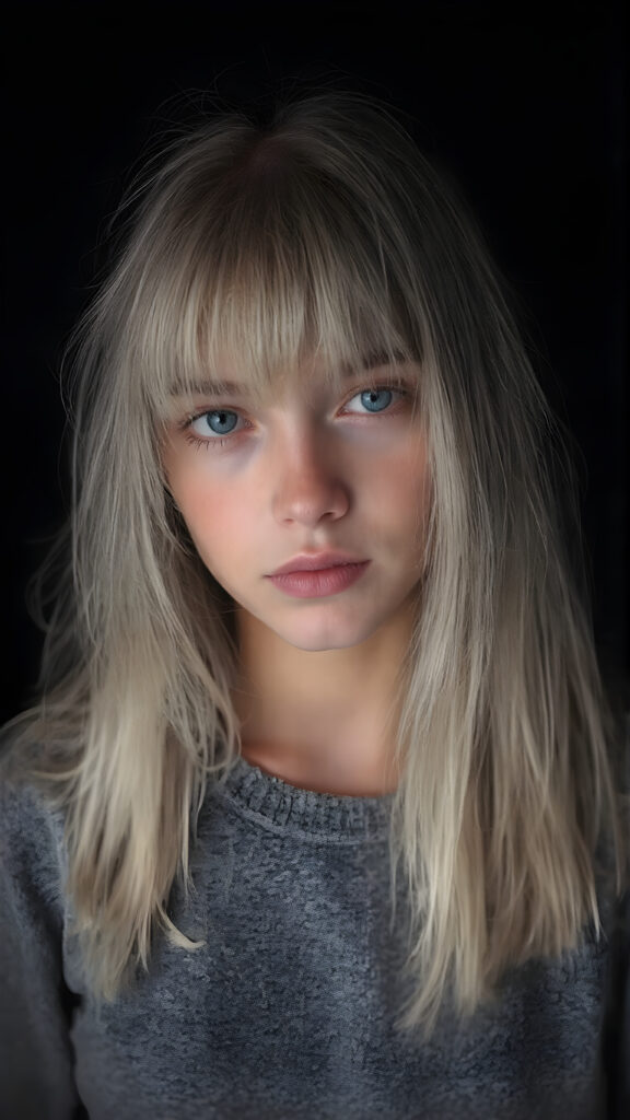 a detailed an realistic photo from a young teen girl, jet white thick straight hair and bangs, grey wool sweater, ((stunning)), ((gorgeous)), ((black background))