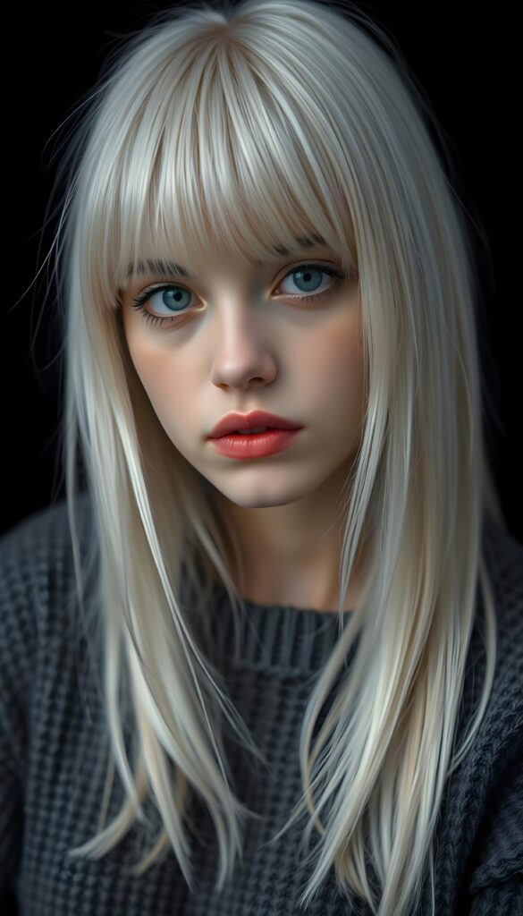 a detailed an realistic photo from a young teen girl, jet white thick straight hair and bangs, fine grey wool sweater, ((stunning)), ((gorgeous)), ((black background)), perfect light and shadows, red full kissable lips, round face.