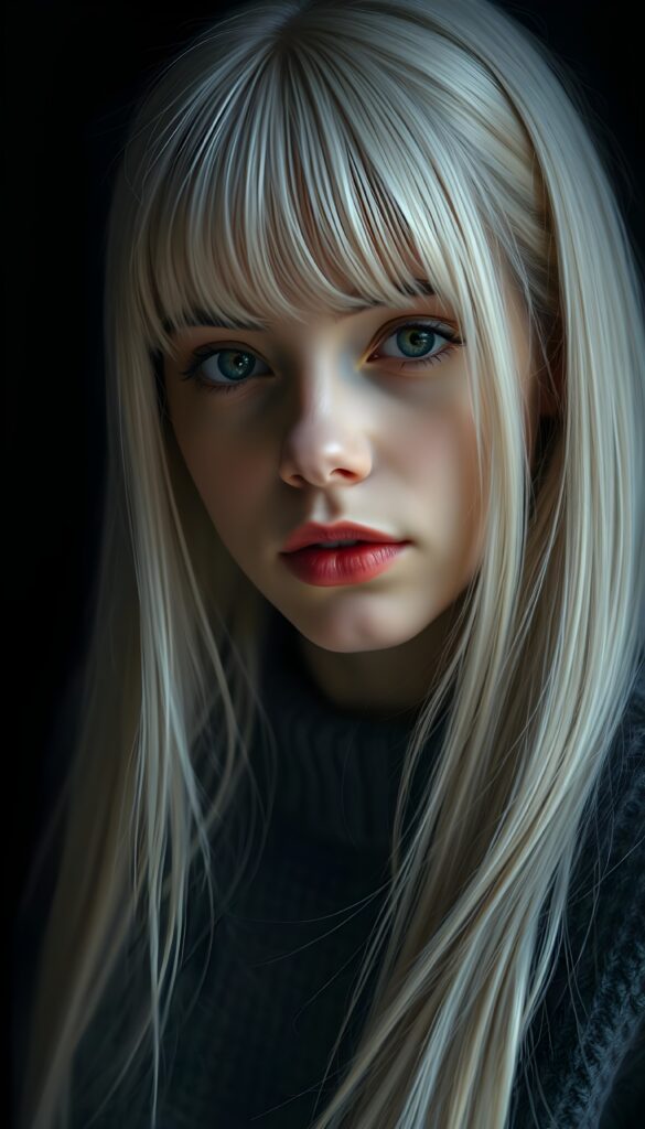 a detailed an realistic photo from a young teen girl, jet white thick straight hair and bangs, fine grey wool sweater, ((stunning)), ((gorgeous)), ((black background)), perfect light and shadows, red full kissable lips, round face.