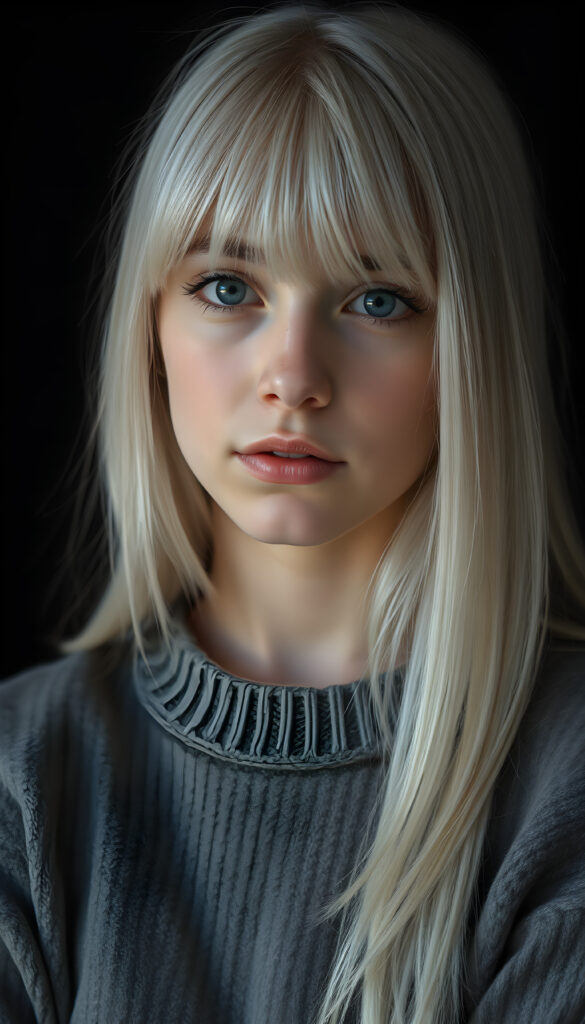 a detailed an realistic photo from a young teen girl, jet white thick straight hair and bangs, grey wool sweater, ((stunning)), ((gorgeous)), ((black background)), perfect light and shadows