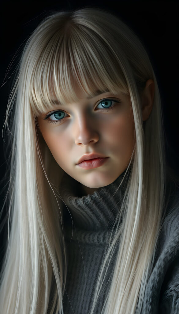a detailed an realistic photo from a young teen girl, jet white thick straight hair and bangs, grey wool sweater, ((stunning)), ((gorgeous)), ((black background)), perfect light and shadows