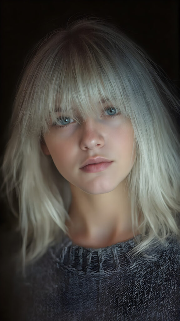 a detailed an realistic photo from a young teen girl, jet white thick straight hair and bangs, grey wool sweater, ((stunning)), ((gorgeous)), ((black background))
