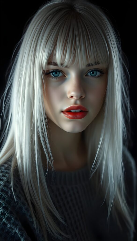 a detailed an realistic photo from a young teen girl, jet white thick straight hair and bangs, grey wool sweater, ((stunning)), ((gorgeous)), ((black background)), perfect light and shadows, red full lips and withe teeth, light blue eyes. Seductive.