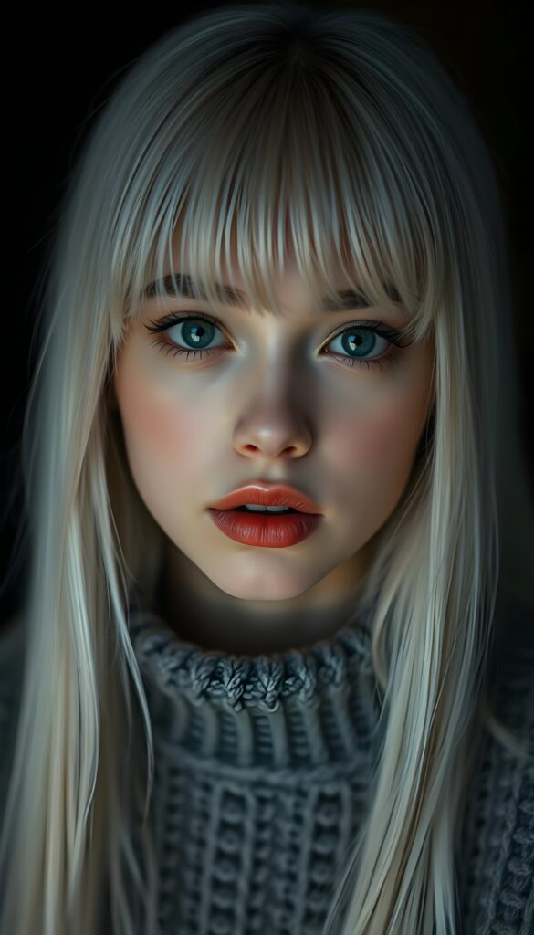 a detailed an realistic photo from a young teen girl, jet white thick straight hair and bangs, fine grey wool sweater, ((stunning)), ((gorgeous)), ((black background)), perfect light and shadows, red full kissable lips, round face.