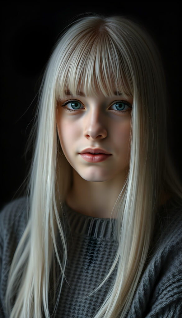 a detailed an realistic photo from a young teen girl, jet white thick straight hair and bangs, grey wool sweater, ((stunning)), ((gorgeous)), ((black background)), perfect light and shadows
