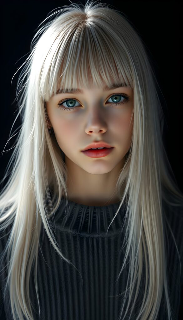 a detailed an realistic photo from a young teen girl, jet white thick straight hair and bangs, fine grey wool sweater, ((stunning)), ((gorgeous)), ((black background)), perfect light and shadows, red full kissable lips, round face.