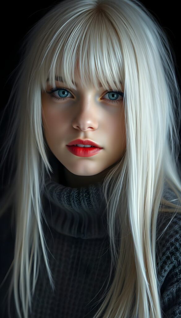 a detailed an realistic photo from a young teen girl, jet white thick straight hair and bangs, grey wool sweater, ((stunning)), ((gorgeous)), ((black background)), perfect light and shadows, red full lips and withe teeth, light blue eyes. Seductive.
