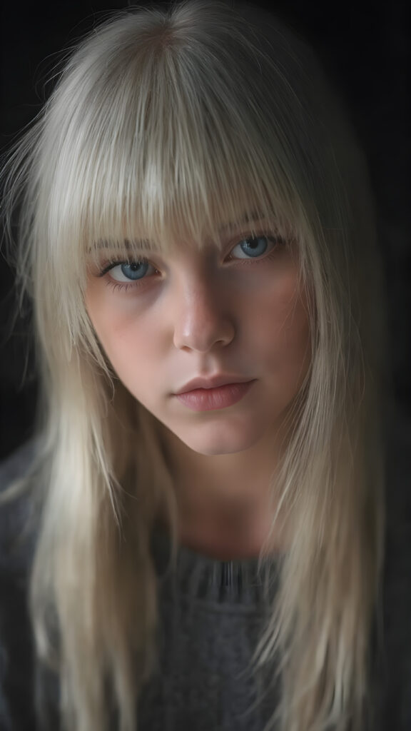 a detailed an realistic photo from a young teen girl, jet white thick straight hair and bangs, grey wool sweater, ((stunning)), ((gorgeous)), ((black background))