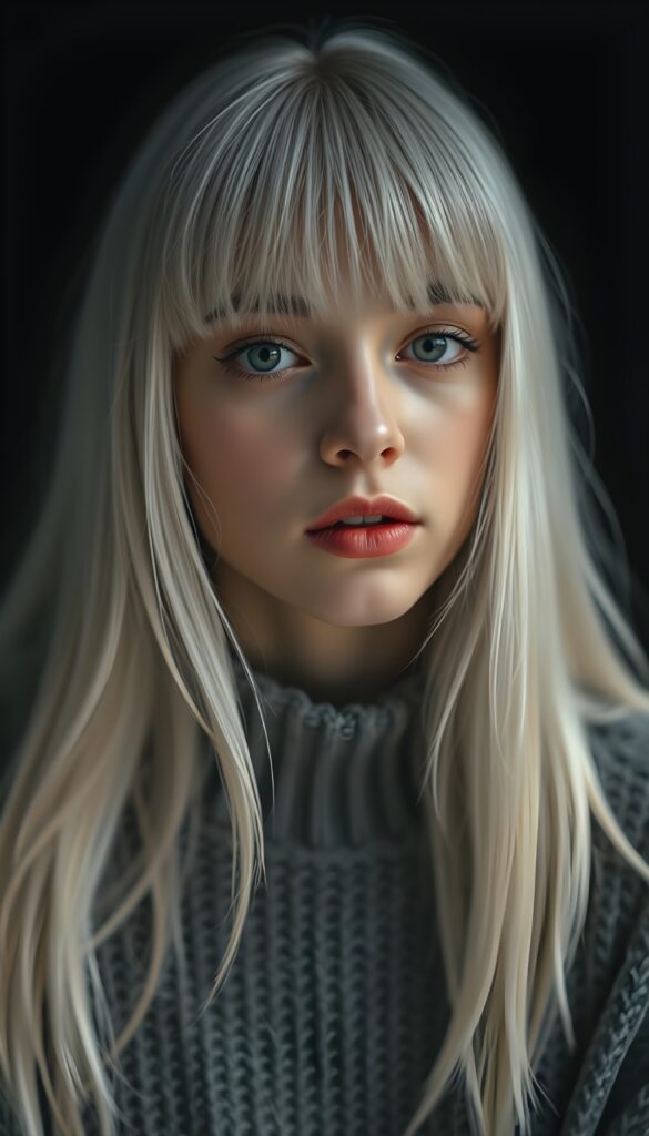 a detailed an realistic photo from a young teen girl, jet white thick straight hair and bangs, fine grey wool sweater, ((stunning)), ((gorgeous)), ((black background)), perfect light and shadows, red full kissable lips, round face.