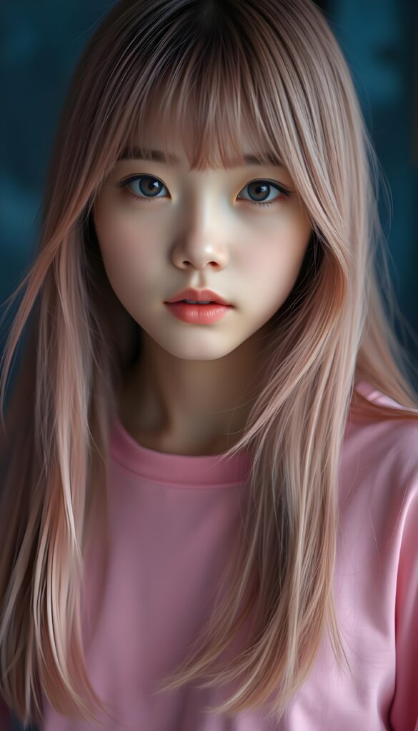 a detailed and realistic photo from a young Asian teen girl with long, flowing pink straight hair and charming bangs. Her flawless skin and deep blue eyes shine brightly under the soft, ethereal glow. She wears a simple pink t-shirt, black and blue backdrop. She has that cute puppy-dog look. Focus on her round face. HDR.