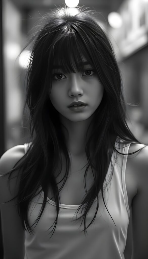 a detailed and realistic ((black and white photo)) from a cute, young stunning Japanese girl with long open straight messy soft hair, bangs, strains of hair in her face, she wears a plain smooth tank top in white. She looks very seductive. Stunning. Gorgeous.