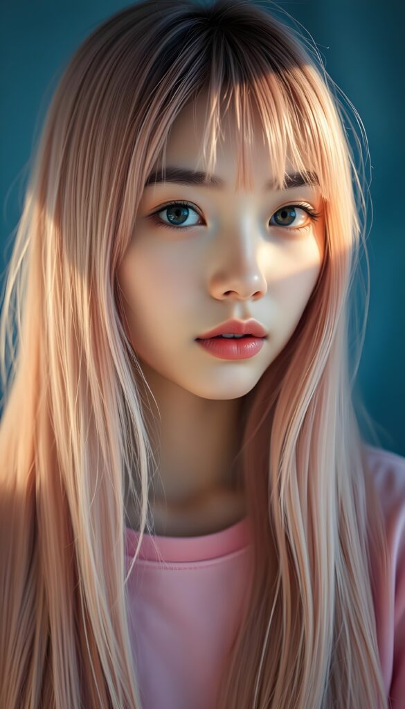 a detailed and realistic photo from a young Asian teen girl with long, flowing pink straight hair and charming bangs. Her flawless skin and deep blue eyes shine brightly under the soft, ethereal glow. She wears a simple pink t-shirt, black and blue backdrop. She has that cute puppy-dog look. Focus on her round face. HDR.