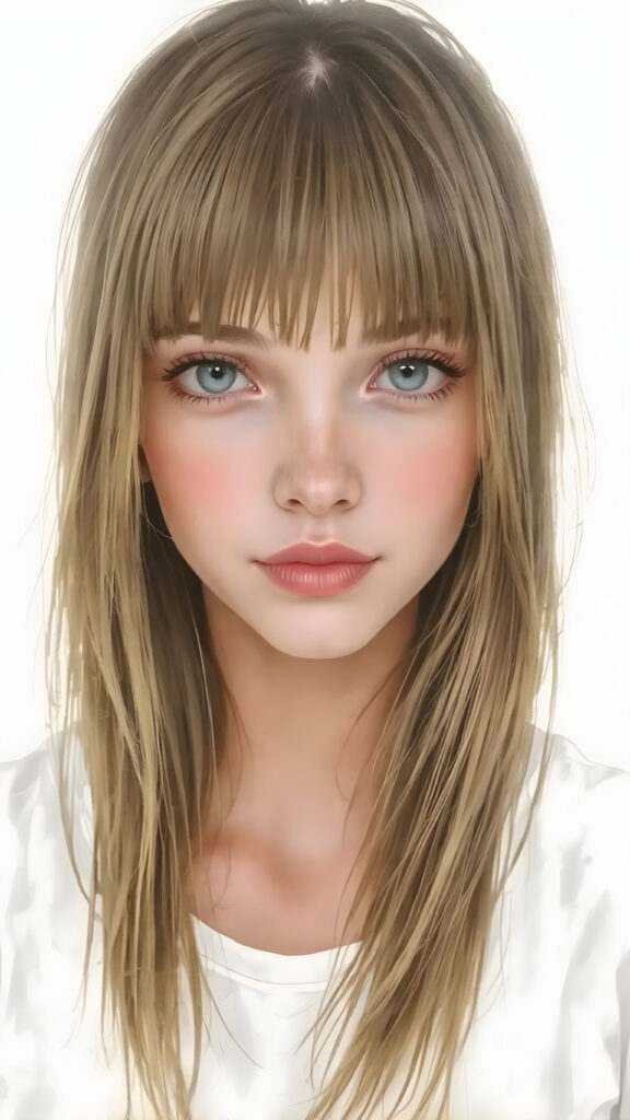 a detailed and realistic watercolor picture of the very beautiful girl. She has ((straight natural super long (greenish-brown hair, bangs) with intricate details)), that flows gracefully down her back. The figure is dressed in ((white short t-shirt)), enhancing the natural beauty of the figure. The overall atmosphere of the picture is ((softly dreamy)) and ((extremely detailed)), with ((eyes that convey a sense of warmth and fantasy)).