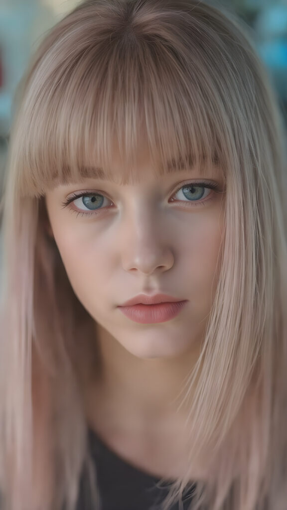 a detailed and realistic young woman with straight pink soft hair, the hair frame her round face, bangs, cute, gorgeous, stunning